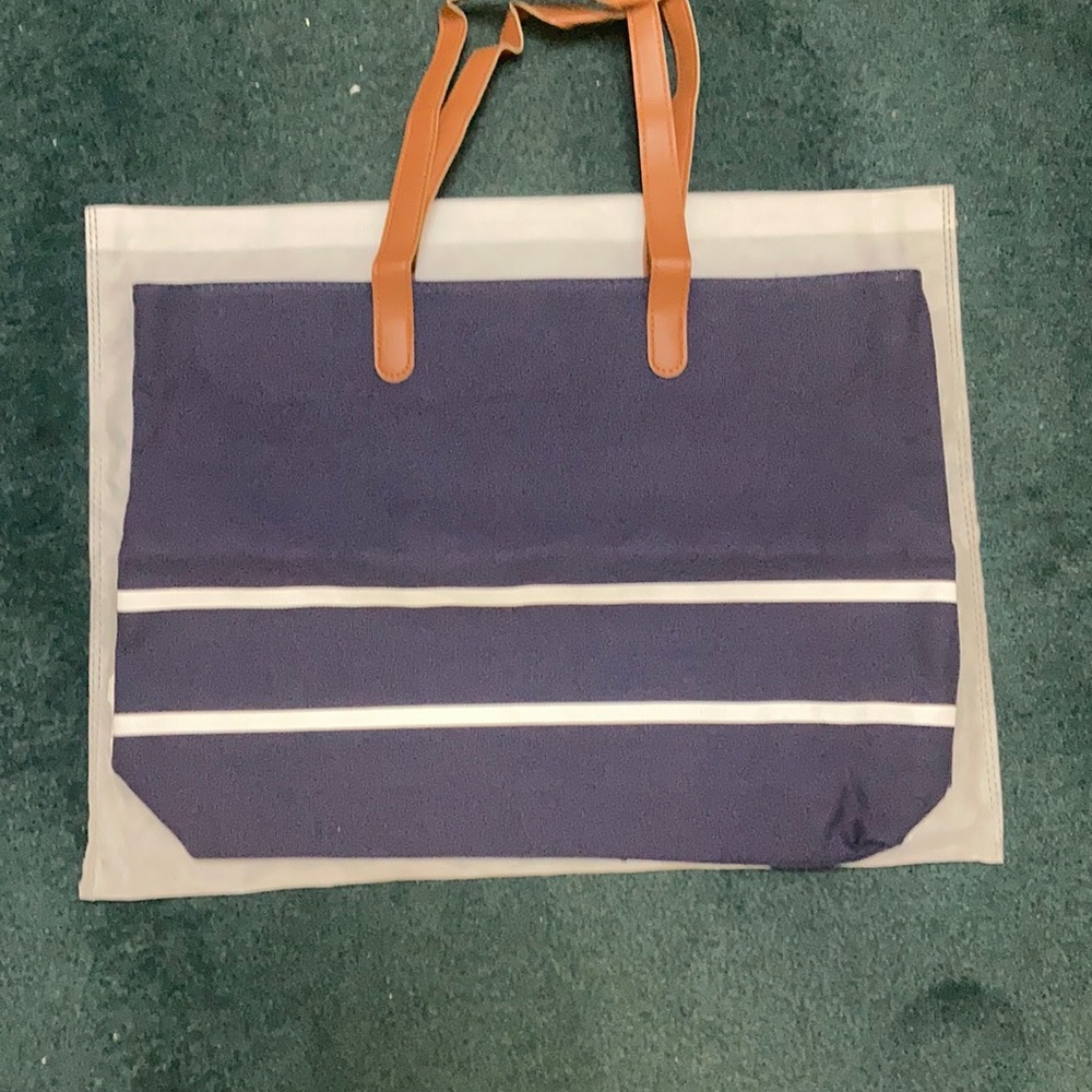 White House Black Market Canvas Navy Striped Tote
